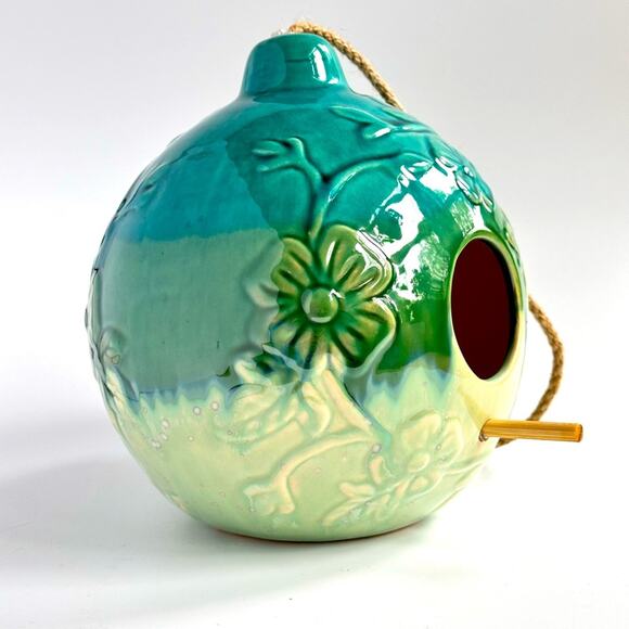 NEW Handmade Floral Turquoise Ceramic Bird House/Feeder - Picture 1 of 3